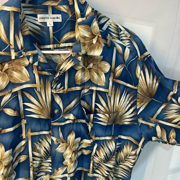 Pierre Cardin Blue Collared Short Sleeve Button Up Hawaiian Shirt Size Large - Picture 3 of 7